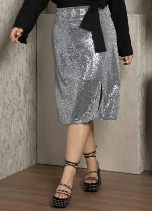 Quintess - Saia em Paetê Cinza com Fenda - QUINTESS