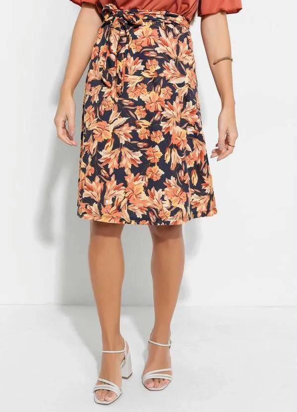 Queima Estoque - Saia Evasê Floral Marinho