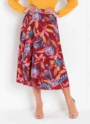 Saia Evasê Folhas Bordô Queima de Estoque