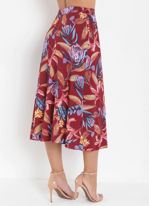 Outlet - Saia Evasê Folhas Bordô 2