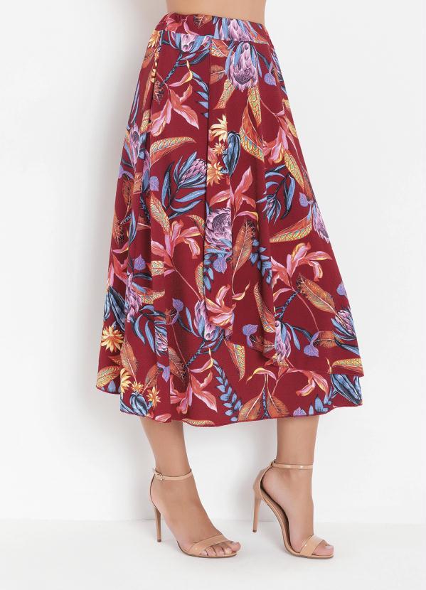 Outlet - Saia Evasê Folhas Bordô 3