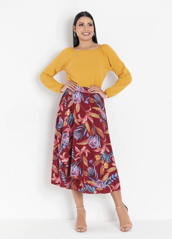 Outlet - Saia Evasê Folhas Bordô 4