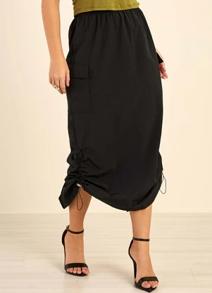 Marialícia - Saia Feminina Cargo Midi Ajustável Preto - MARIALÍCIA
