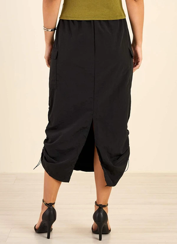 Marialícia - Saia Feminina Cargo Midi Ajustável Preto 2