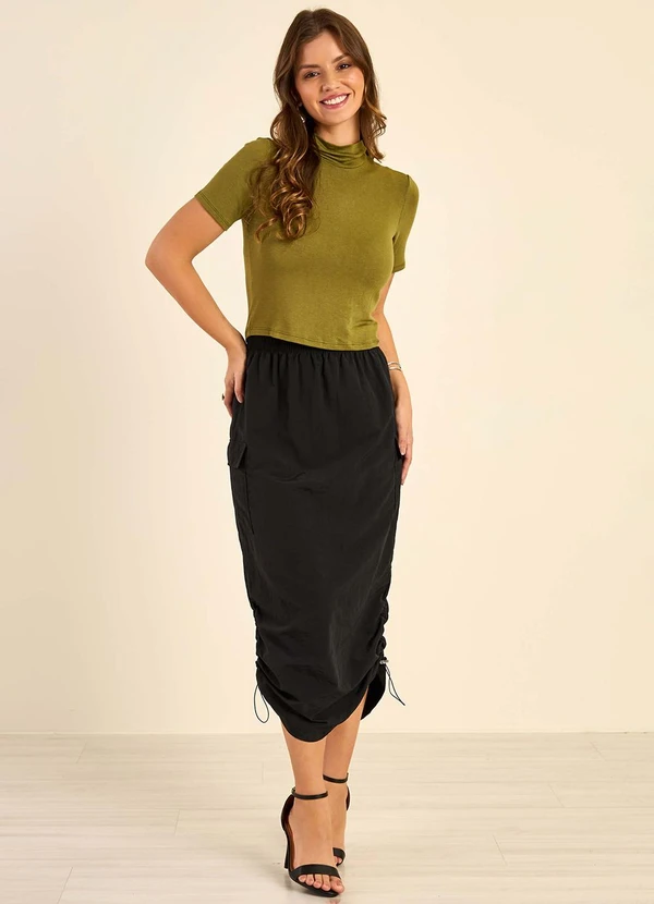 Marialícia - Saia Feminina Cargo Midi Ajustável Preto 3