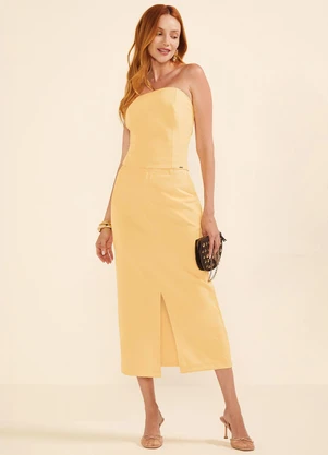 Marialícia - Saia Feminina Midi Alfaiataria Fenda Amarelo - MARIALÍCIA