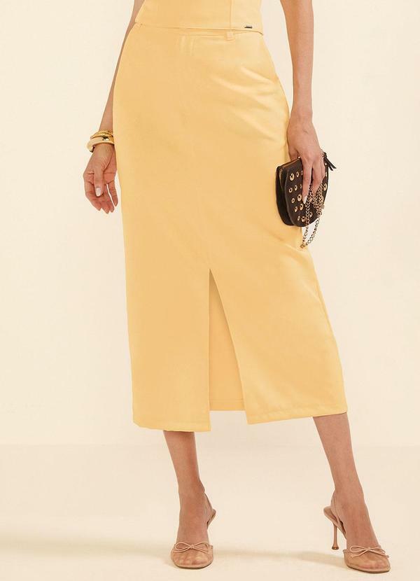 Marialícia - Saia Feminina Midi Alfaiataria Fenda Amarelo