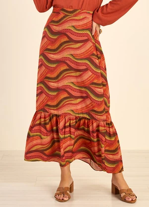 Marialícia - Saia Feminina Midi Babado Abstrata Rosa - MARIALÍCIA