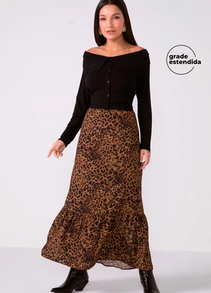 Marialícia - Saia Feminina Midi Babado Animal Print Marrom - MARIALÍCIA