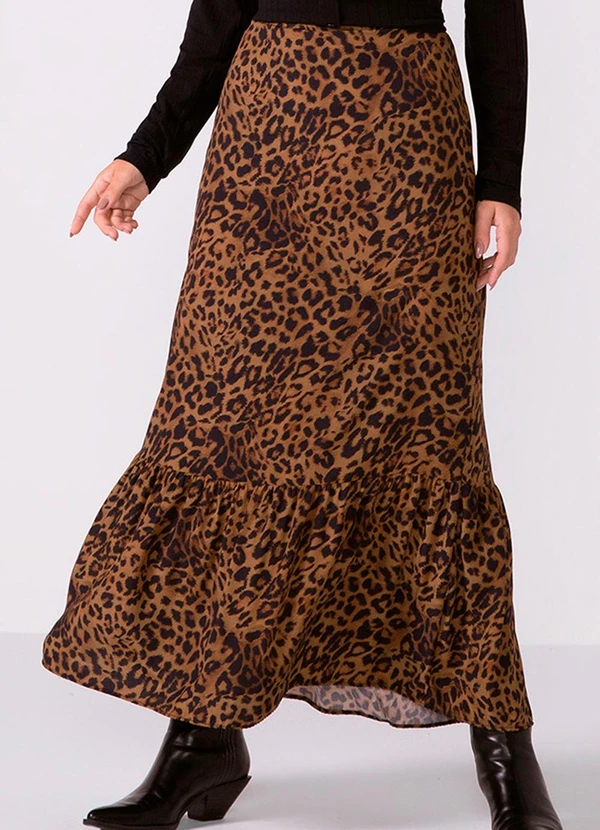 Marialícia - Saia Feminina Midi Babado Animal Print Marrom