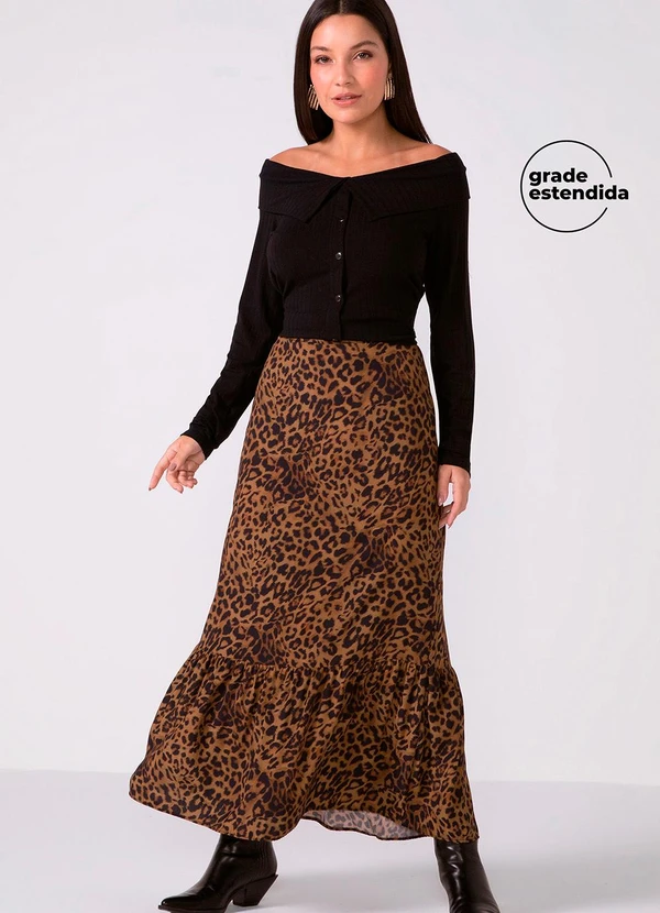 Marialícia - Saia Feminina Midi Babado Animal Print Marrom 2