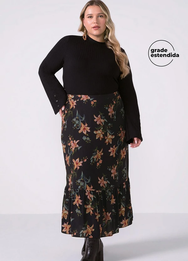 Marialícia - Saia Feminina Midi Babado Floral Preto 2