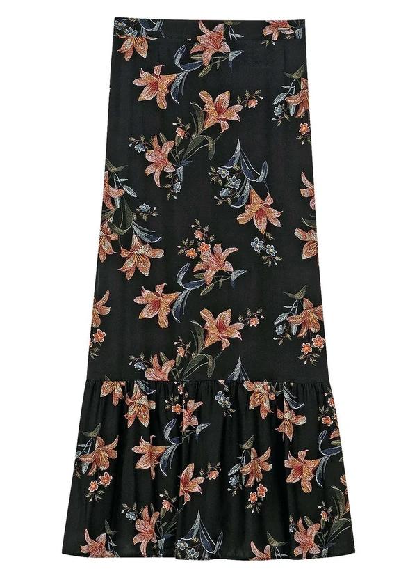 Marialícia - Saia Feminina Midi Babado Floral Preto 3