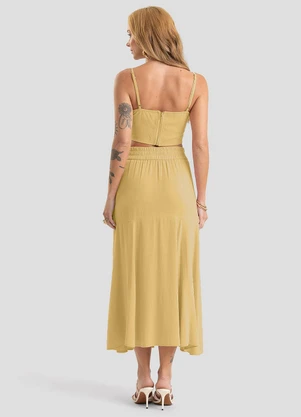 Dianna - Saia Feminina Midi com Botões em Linho Amarelo - DIANNA