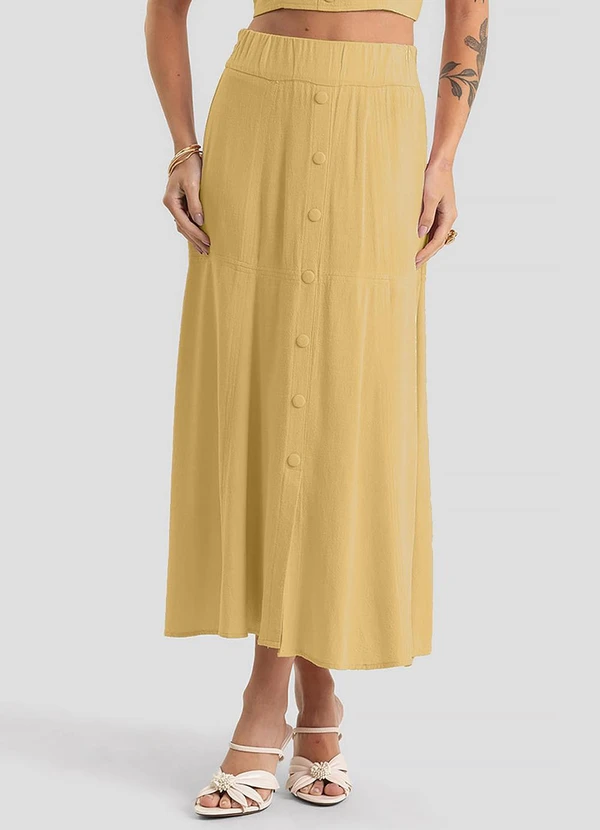 Dianna - Saia Feminina Midi com Botões em Linho Amarelo