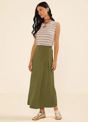 Marialícia - Saia Feminina Midi com Pregas Verde - MARIALÍCIA