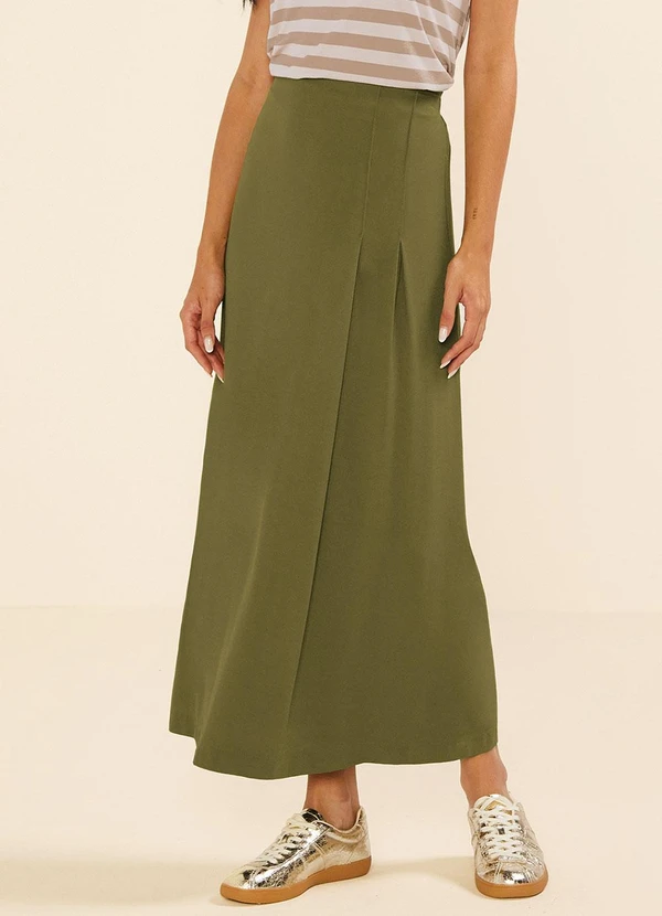Marialícia - Saia Feminina Midi com Pregas Verde