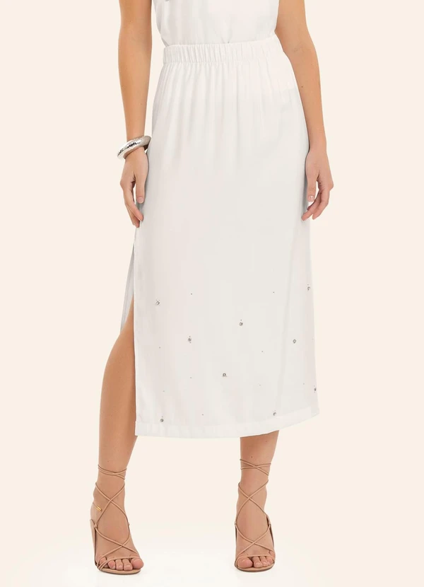 Endless - Saia Feminina Midi com Strass e Rebite Bege