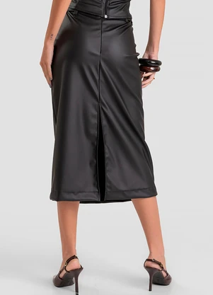 Dianna - Saia Feminina Midi em Courino Sintético Preto - DIANNA