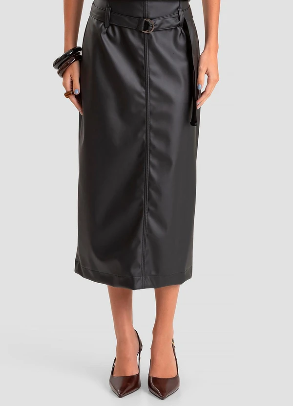 Dianna - Saia Feminina Midi em Courino Sintético Preto
