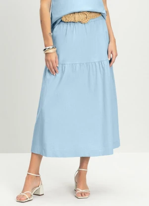 Essendi - Saia Feminina Midi em Linho Azul - ESSENDI