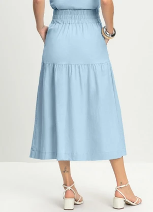 Essendi - Saia Feminina Midi em Linho Azul - ESSENDI