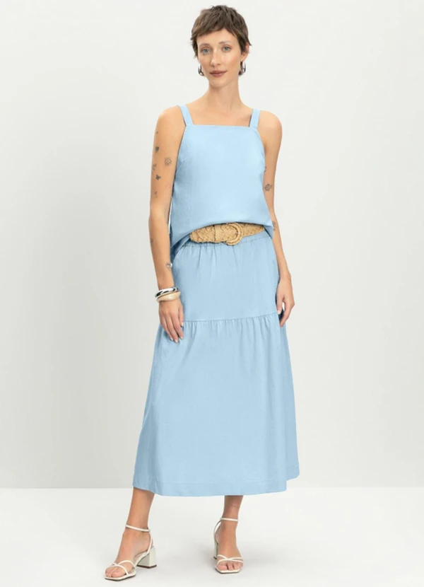 Essendi - Saia Feminina Midi em Linho Azul 3