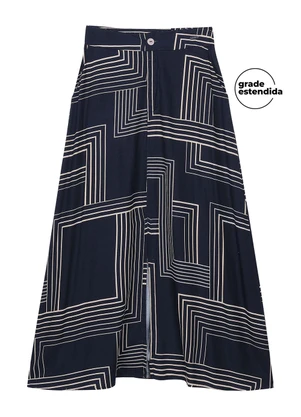 Marialícia - Saia Feminina Midi Estampa Geométrica Azul - MARIALÍCIA