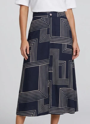 Marialícia - Saia Feminina Midi Estampa Geométrica Azul - MARIALÍCIA