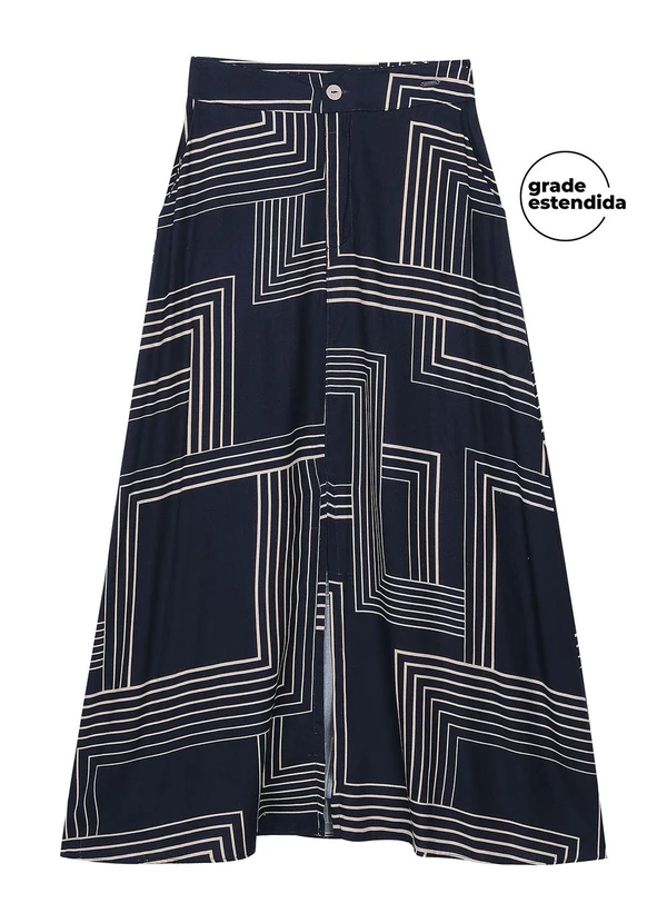 Marialícia - Saia Feminina Midi Estampa Geométrica Azul