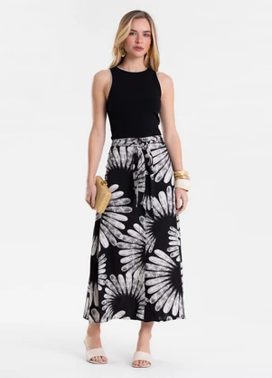 Endless - Saia Feminina Midi Evasê Linho Estampada Preto - ENDLESS