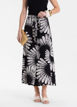 Endless - Saia Feminina Midi Evasê Linho Estampada Preto - ENDLESS