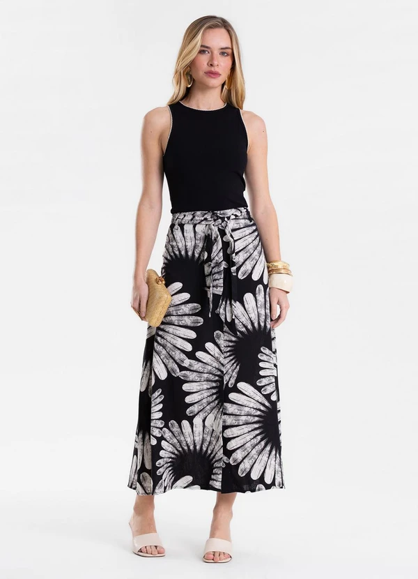 Endless - Saia Feminina Midi Evasê Linho Estampada Preto