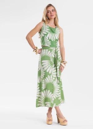 Endless - Saia Feminina Midi Evasê Linho Estampada Verde - ENDLESS