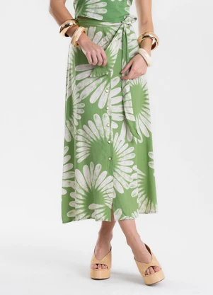 Endless - Saia Feminina Midi Evasê Linho Estampada Verde - ENDLESS