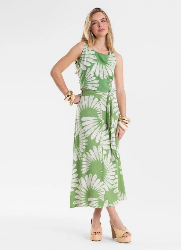 Endless - Saia Feminina Midi Evasê Linho Estampada Verde
