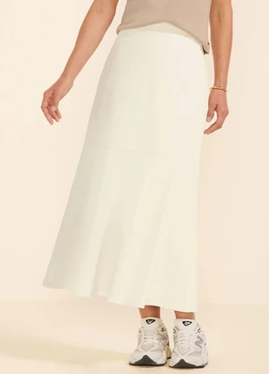 Marialícia - Saia Feminina Midi Evasê Moletom Bege - MARIALÍCIA