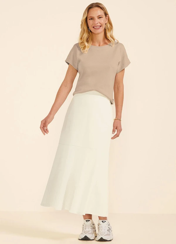 Marialícia - Saia Feminina Midi Evasê Moletom Bege 2