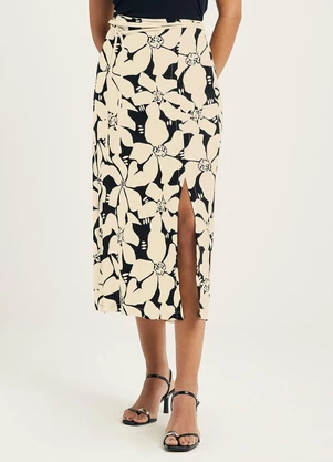 Marialícia - Saia Feminina Midi Floral com Fenda Amarelo - MARIALÍCIA