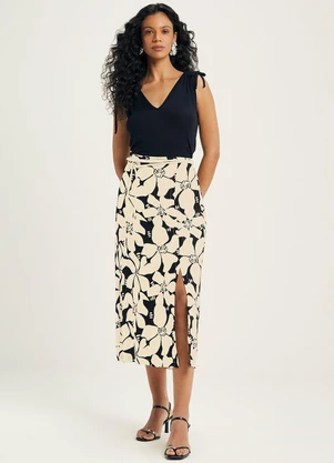 Marialícia - Saia Feminina Midi Floral com Fenda Amarelo - MARIALÍCIA