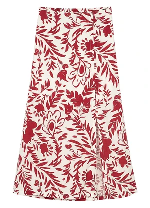 Marialícia - Saia Feminina Midi Floral com Fenda Bege - MARIALÍCIA