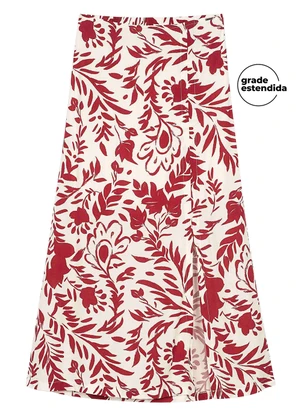 Marialícia - Saia Feminina Midi Floral com Fenda Bege - MARIALÍCIA