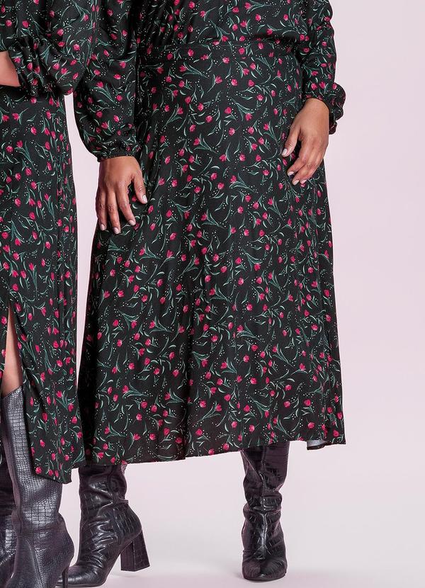 Marialícia - Saia Feminina Midi Florida Preto