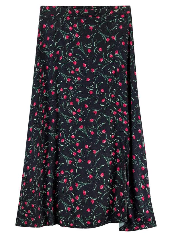 Marialícia - Saia Feminina Midi Florida Preto 3