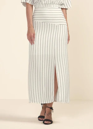 Marialícia - Saia Feminina Midi Listrada com Fenda Bege - MARIALÍCIA