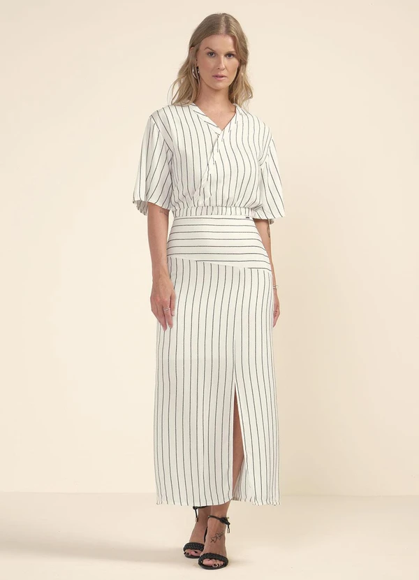 Marialícia - Saia Feminina Midi Listrada com Fenda Bege 2