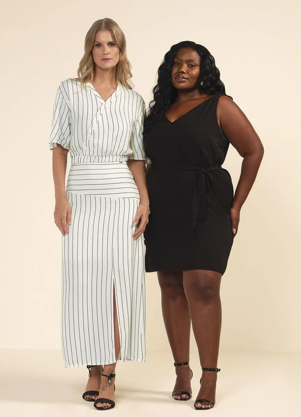 Marialícia - Saia Feminina Midi Listrada com Fenda Bege 3