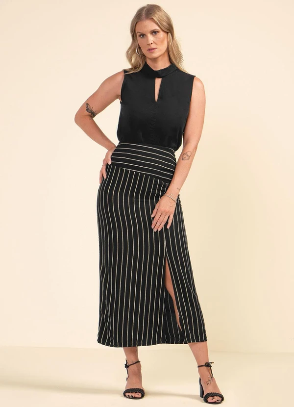 Marialícia - Saia Feminina Midi Listrada com Fenda Preto 2
