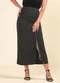 Marialícia - Saia Feminina Midi Listrada com Fenda Preto - variação: Preto