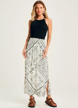 Marialícia - Saia Feminina Midi Padronagem Floral Bege - MARIALÍCIA